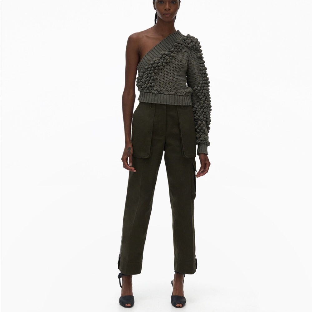 HELMUT LANG army green one shoulder sweater, small.